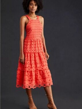 Maeve Sz 14P Coral Eyelet Tiered Midi Lined Boho Zip Dress W/ Adjustable Straps